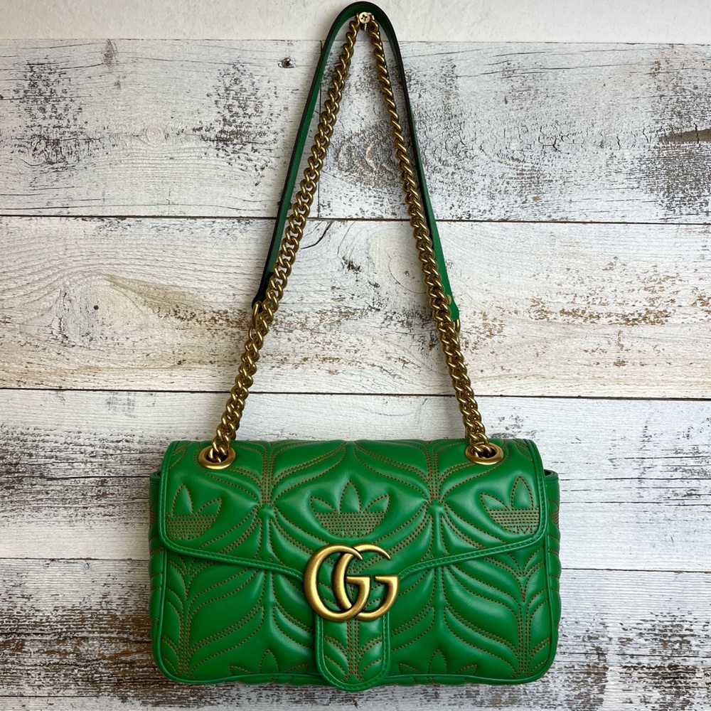 GUCCI x Adidas Green Marmont Purse Bag 443497 Leather Logo Gold Chain GG RARE - Picture 3 of 16